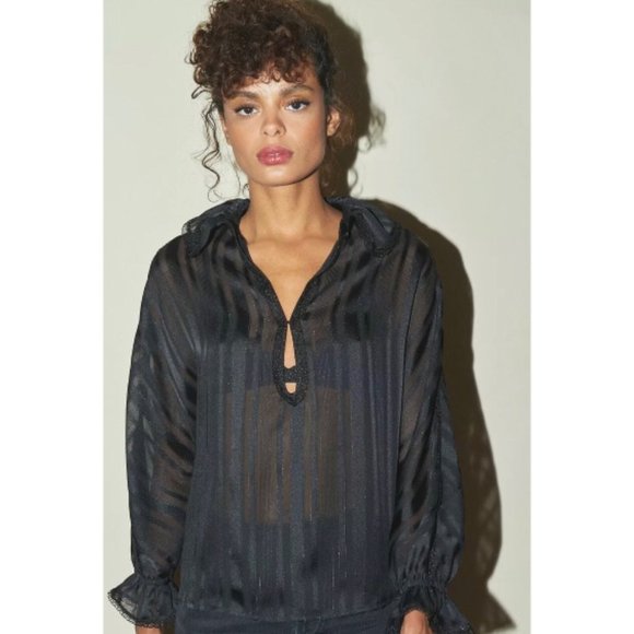 Rouje Tops - Rouje Fiona Black Striped Lurex Keyhole Blouse 36
